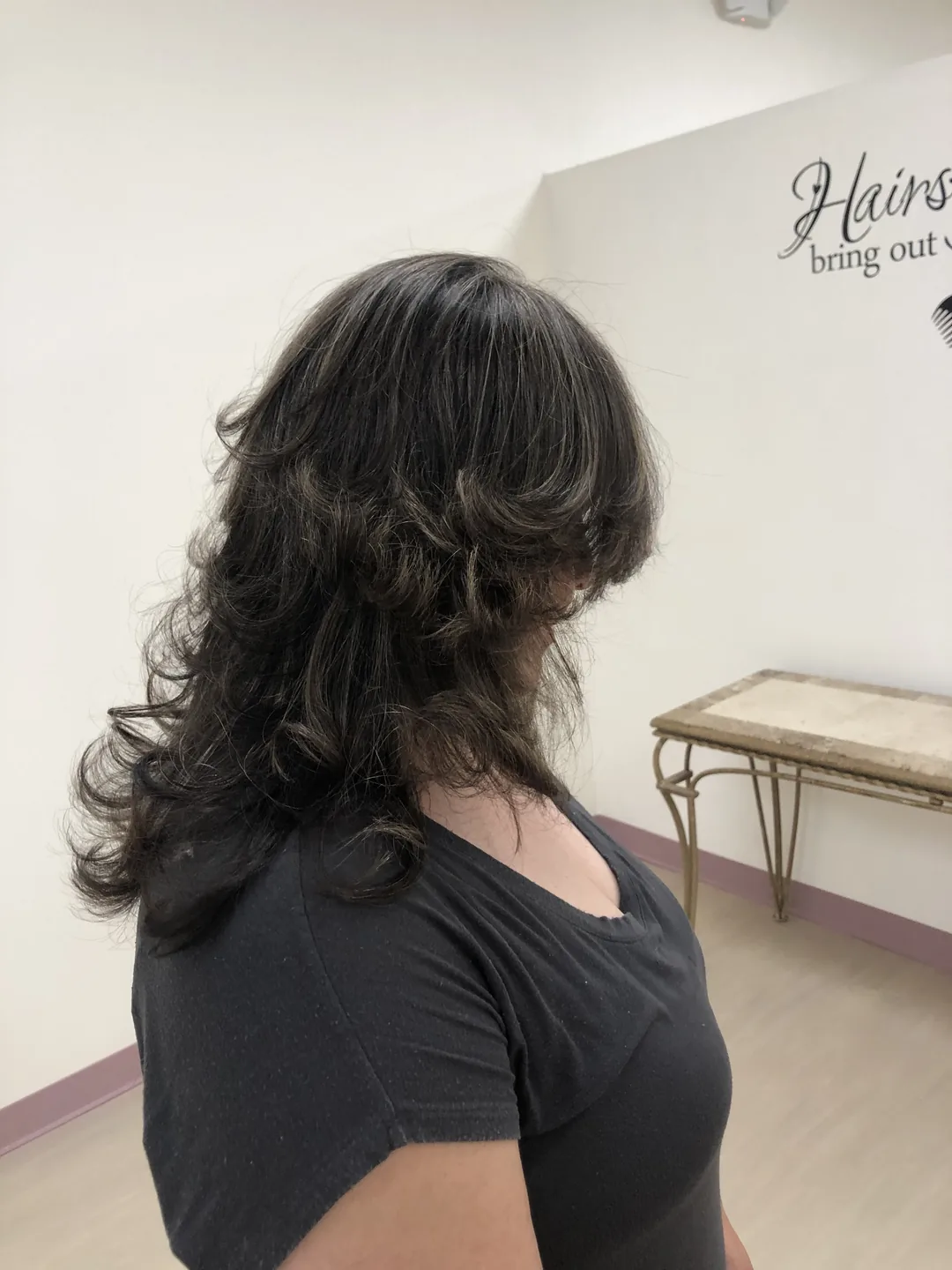 brunette long shag with curtain bangs side-view